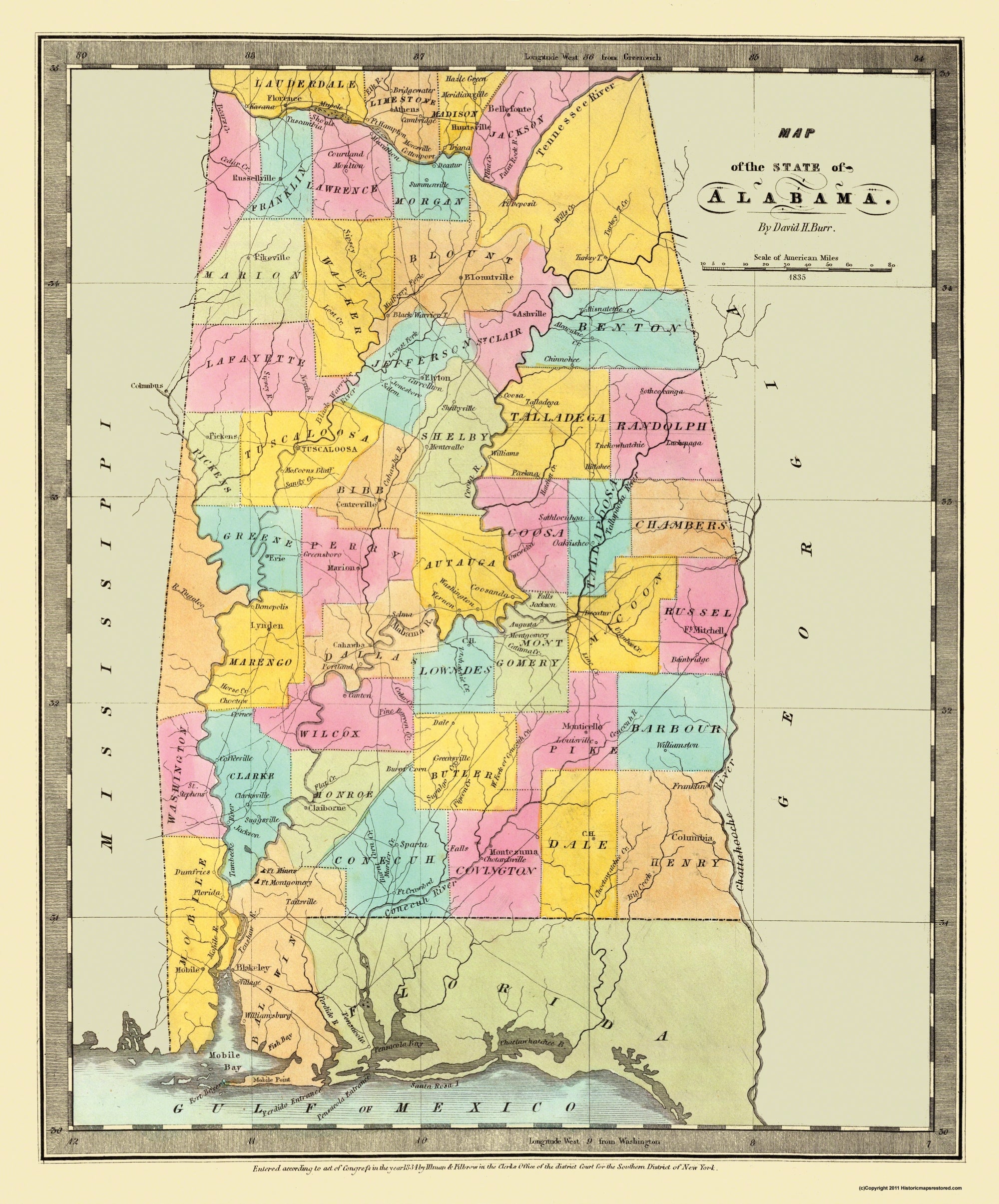 Historic State Map Alabama Burr 1835 23 X 2769 Vintage Wall A