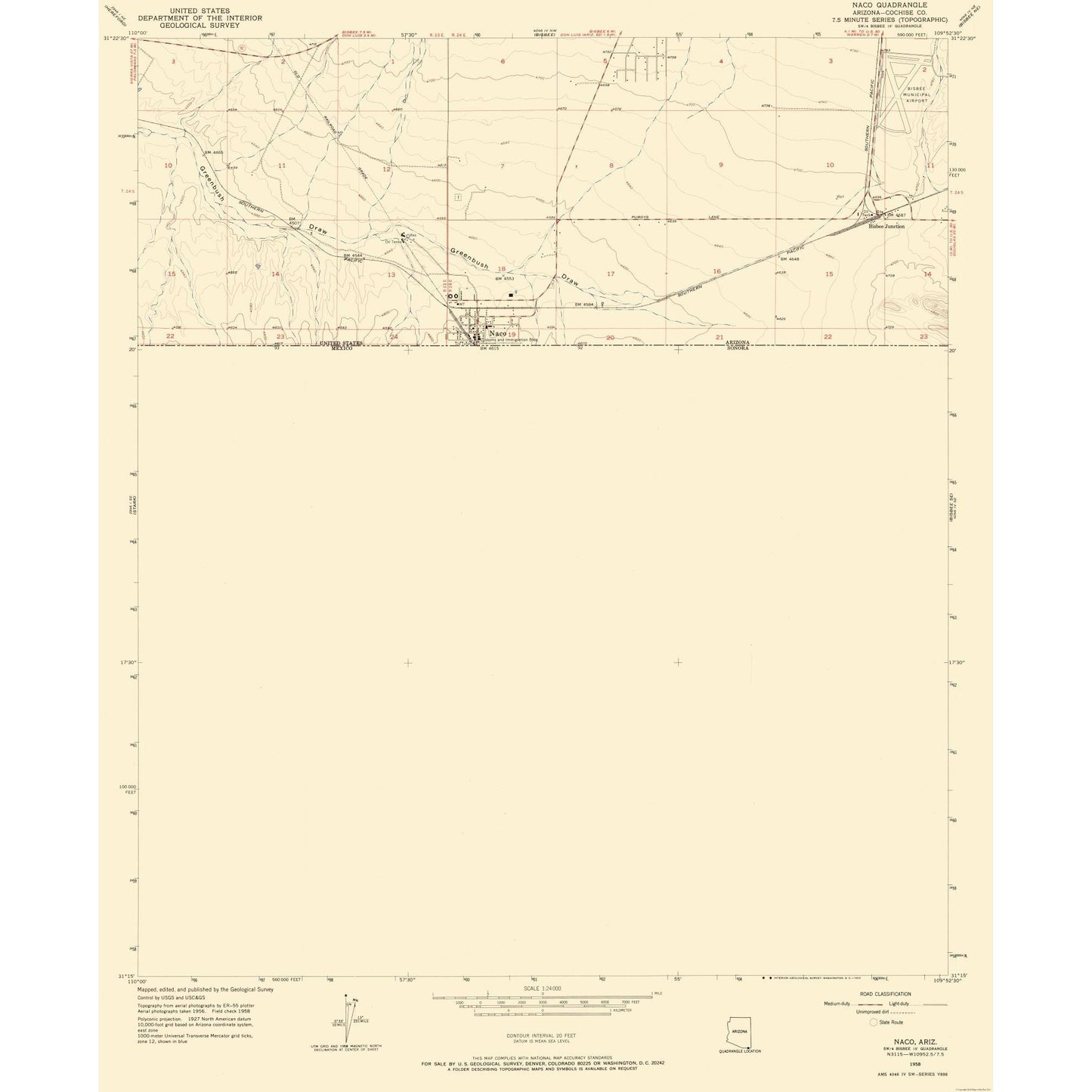 Topographical Map - Naco Arizona Quad - USGS 1958 - 23 x 28.09 - Vintage Wall Art