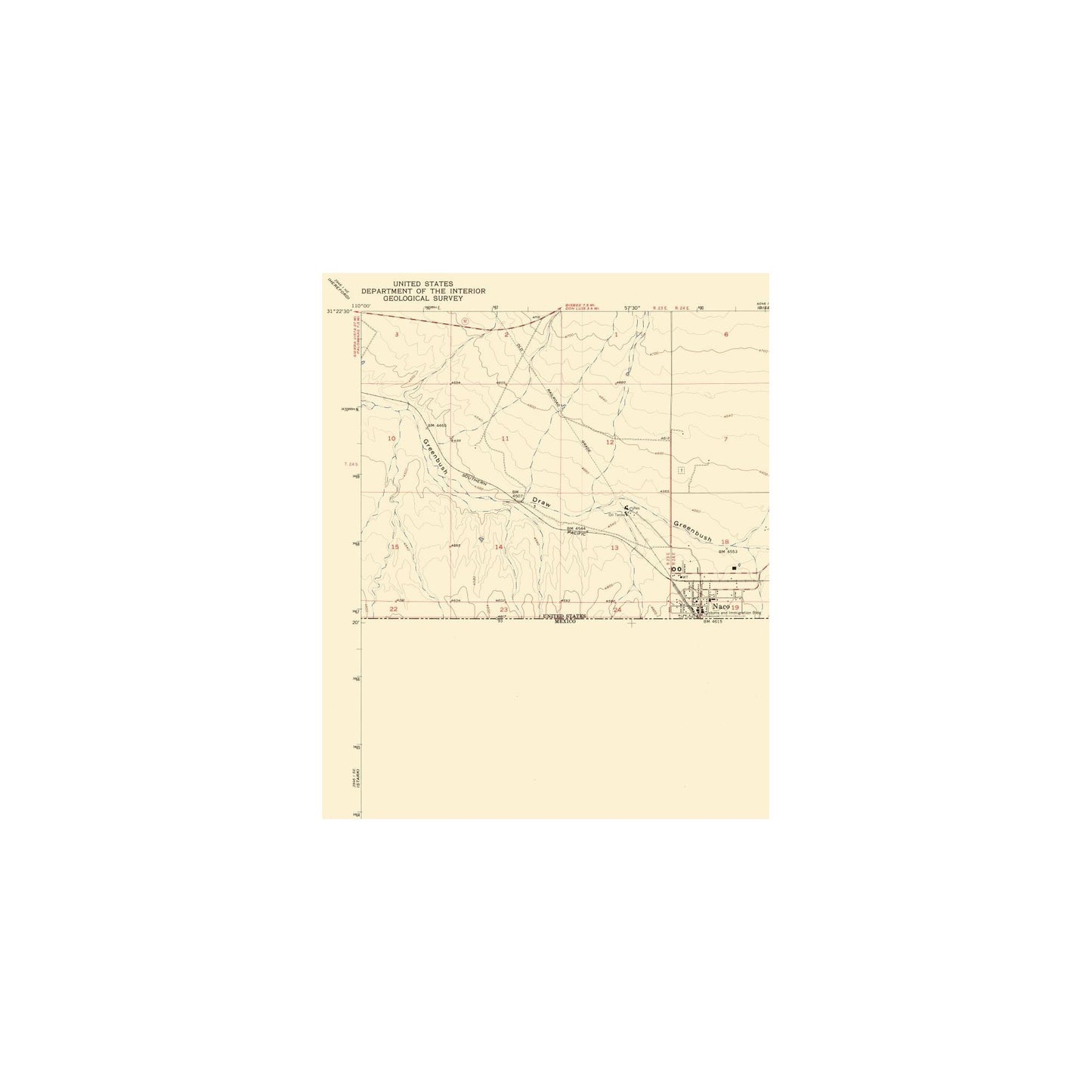 Topographical Map - Naco Arizona Quad - USGS 1958 - 23 x 28.09 - Vintage Wall Art