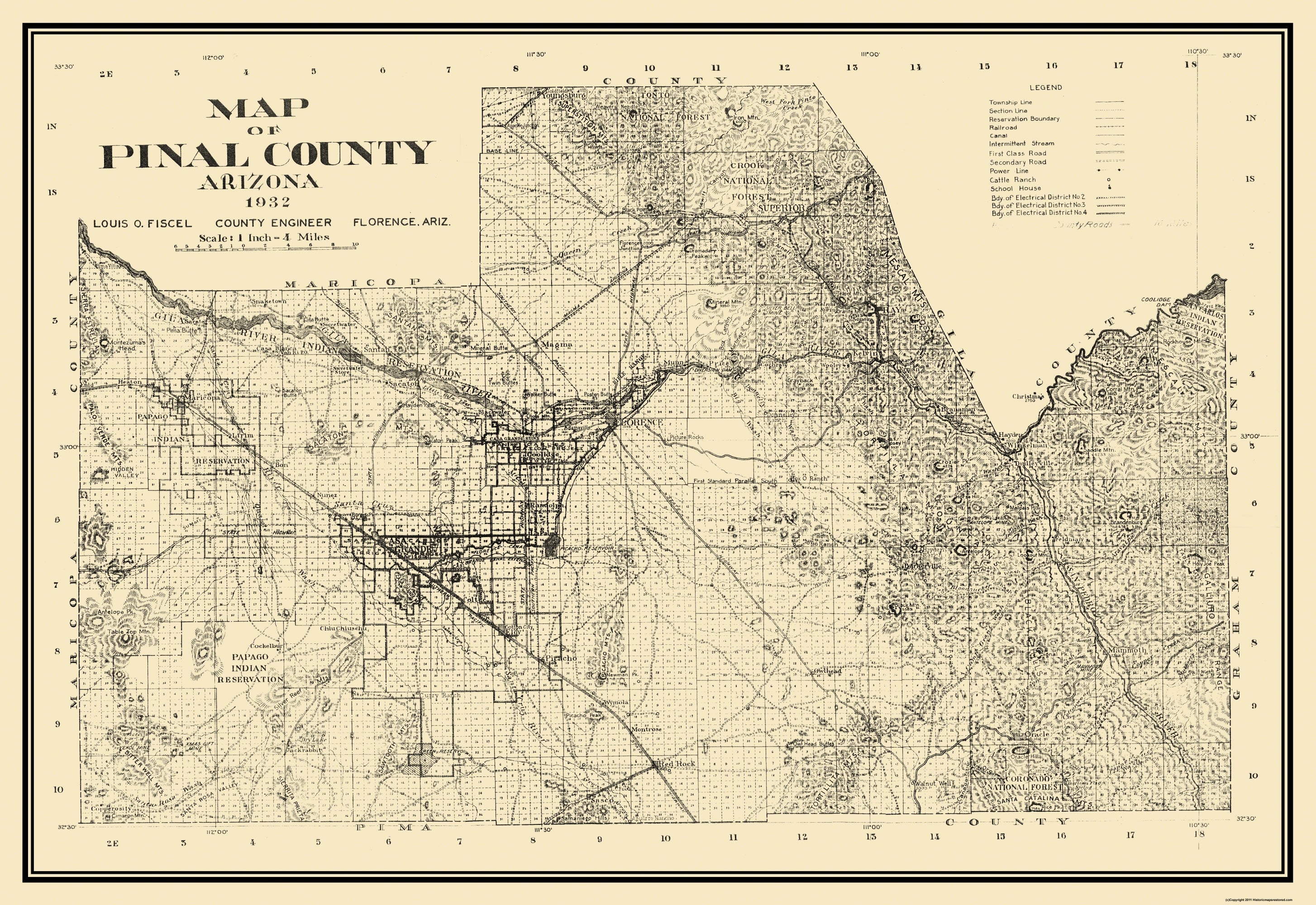 Historic County Map Pinal County Arizona Fiscel 1932 33.44 x 23