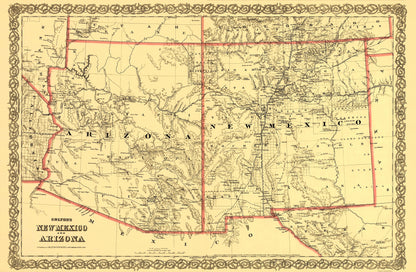 Historic State Map - Arizona  New Mexico - Colton 1873 - 23 x 35.19 - Vintage Wall Art