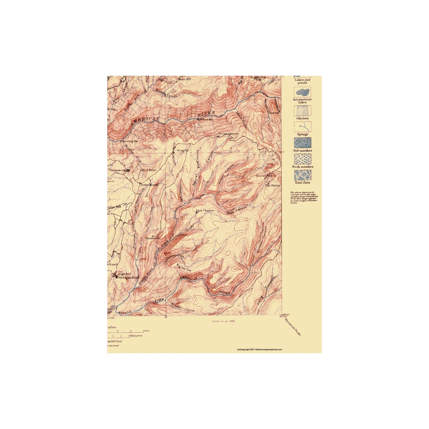 Topographical Map - Colfax California Quad - USGS 1898 - Vintage Wall Art