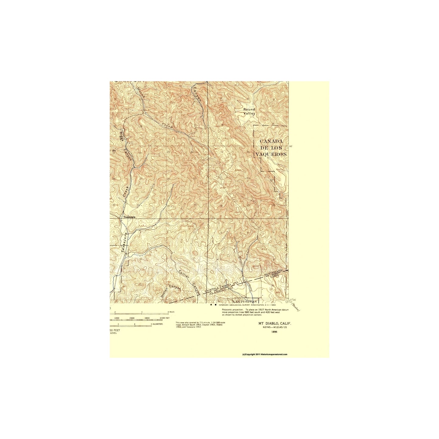 Topographical Map - Mt Diablo California Quad - USGS 1896 - 23 x 29 - Vintage Wall Art