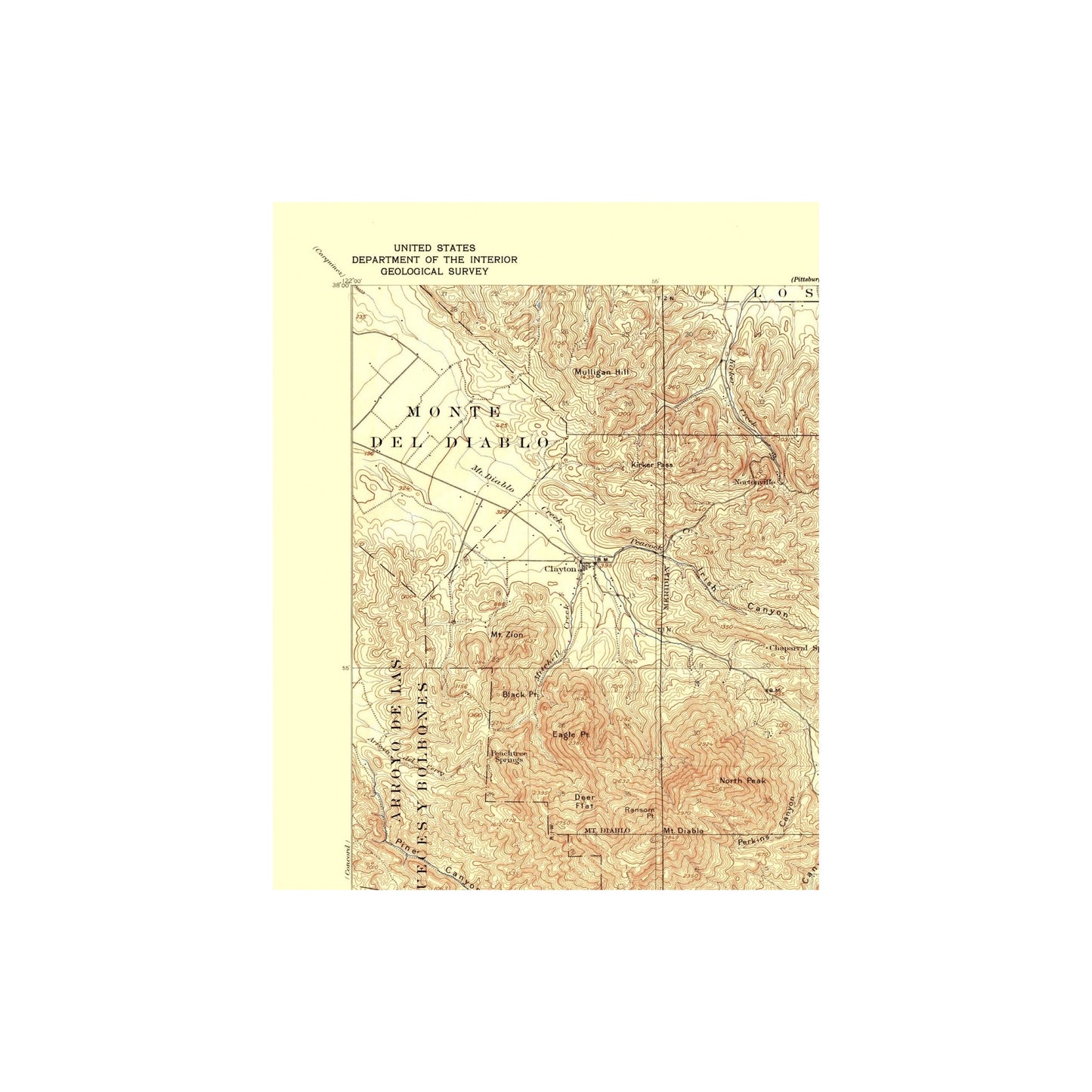 Topographical Map - Mt Diablo California Quad - USGS 1896 - 23 x 29 - Vintage Wall Art