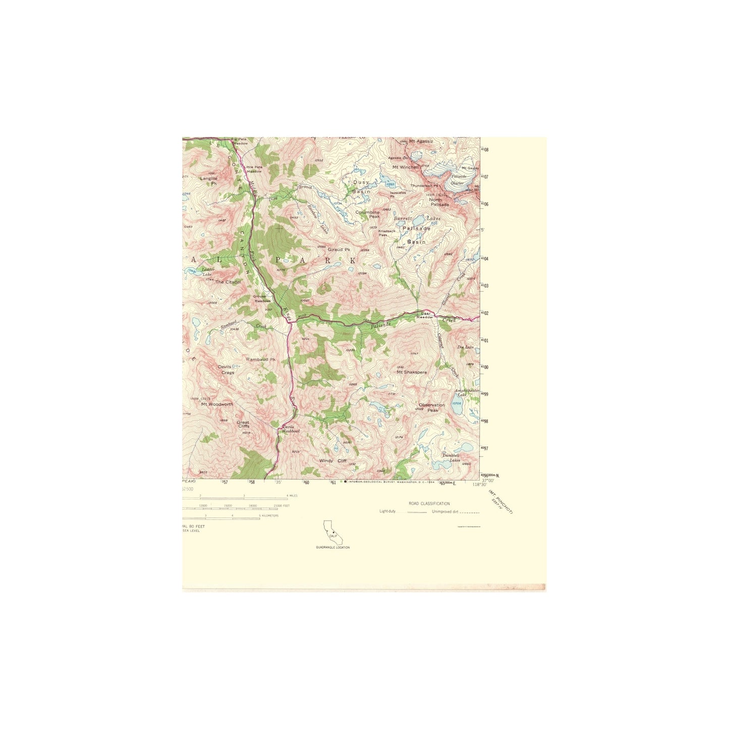 Topographical Map - Mt Goddard California Quad - USGS 1953 - 23 x 28.73 - Vintage Wall Art