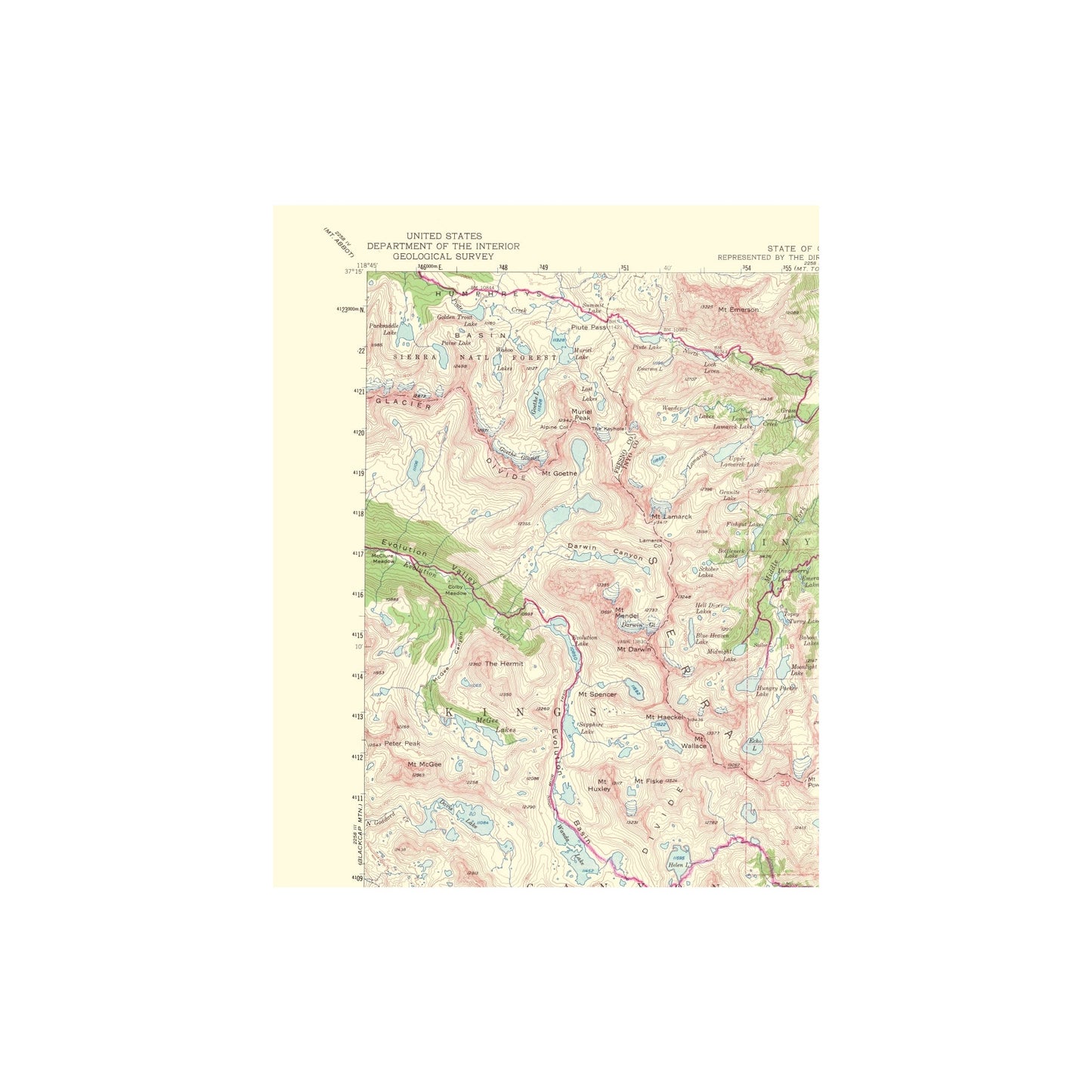 Topographical Map - Mt Goddard California Quad - USGS 1953 - 23 x 28.73 - Vintage Wall Art