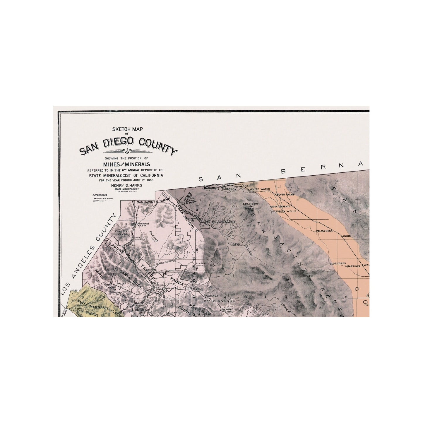 Historic County Map - San Diego County California - Hanks 1886 - 34.38 x 23 - Vintage Wall Art