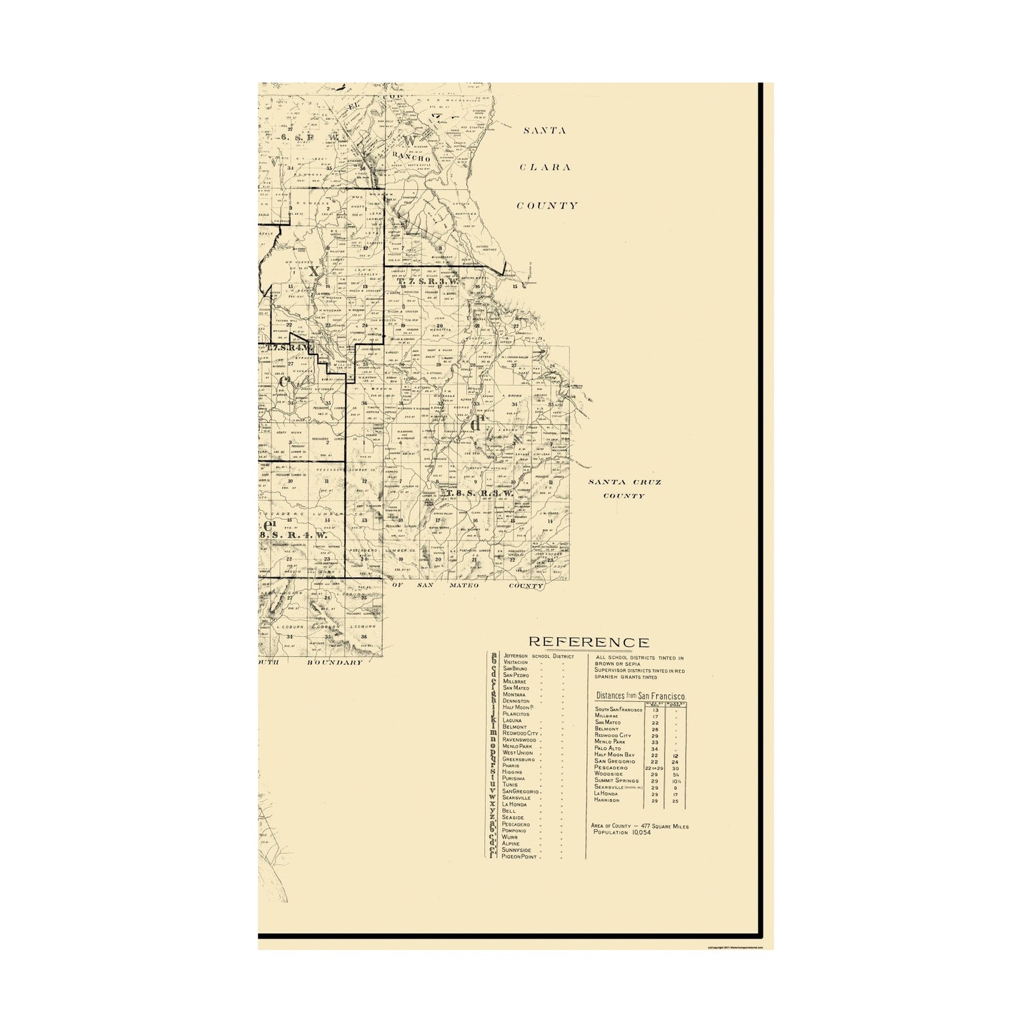 Historic County Map - San Mateo County California - Bromfield 1894 - 23 x 38.69 - Vintage Wall Art
