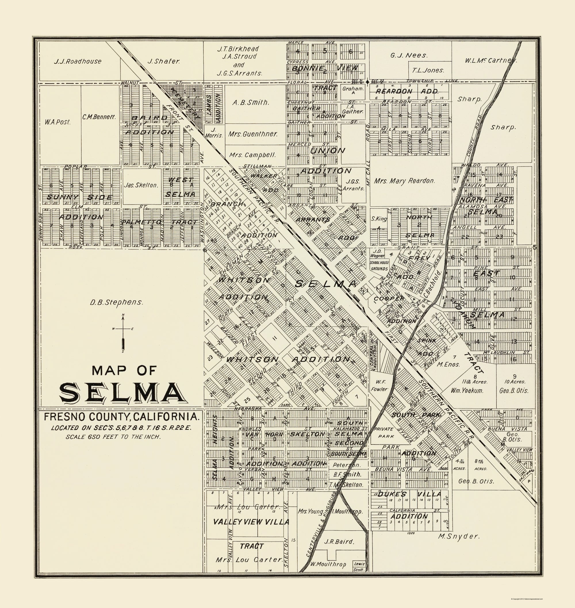 Historic City Map - Selma California - Thomas 1892 - 23 X 24.33 - Vint 