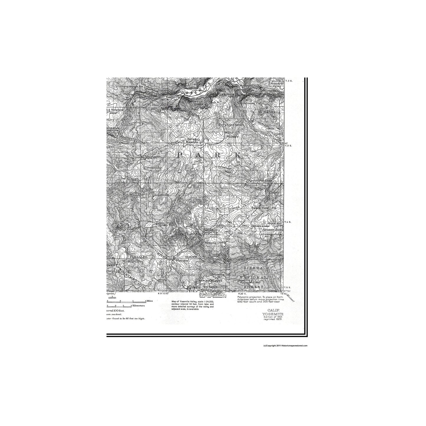 Topographical Map - Yosemite California Quad - USGS 1909 - Vintage Wall Art