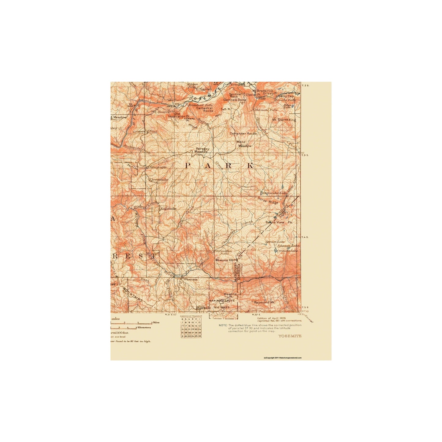Topographical Map - Yosemite California Quad - USGS 1911 - Vintage Wall Art