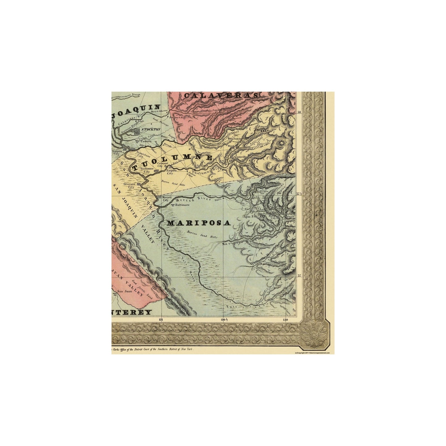 Historic Mine Map - California Mining District - Jackson 1851 - Vintage Wall Art