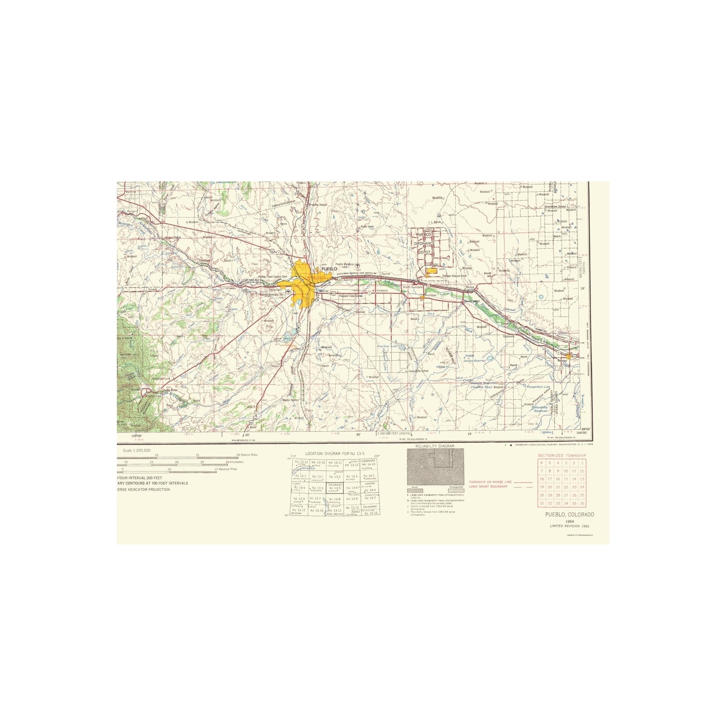 Topographical Map - Pueblo Colorado Quad - USGS 1966 - 23 x 31.22 - Vintage Wall Art