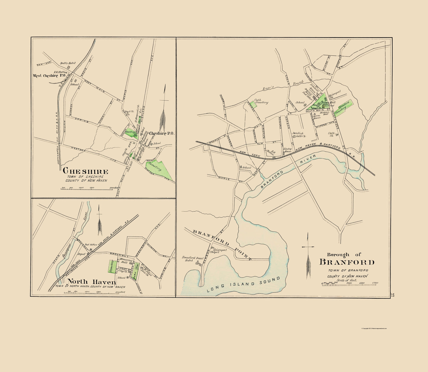 Historic City Map - Branford Connecticut - Hurd 1893 - 23 x 26.44 - Vintage Wall Art