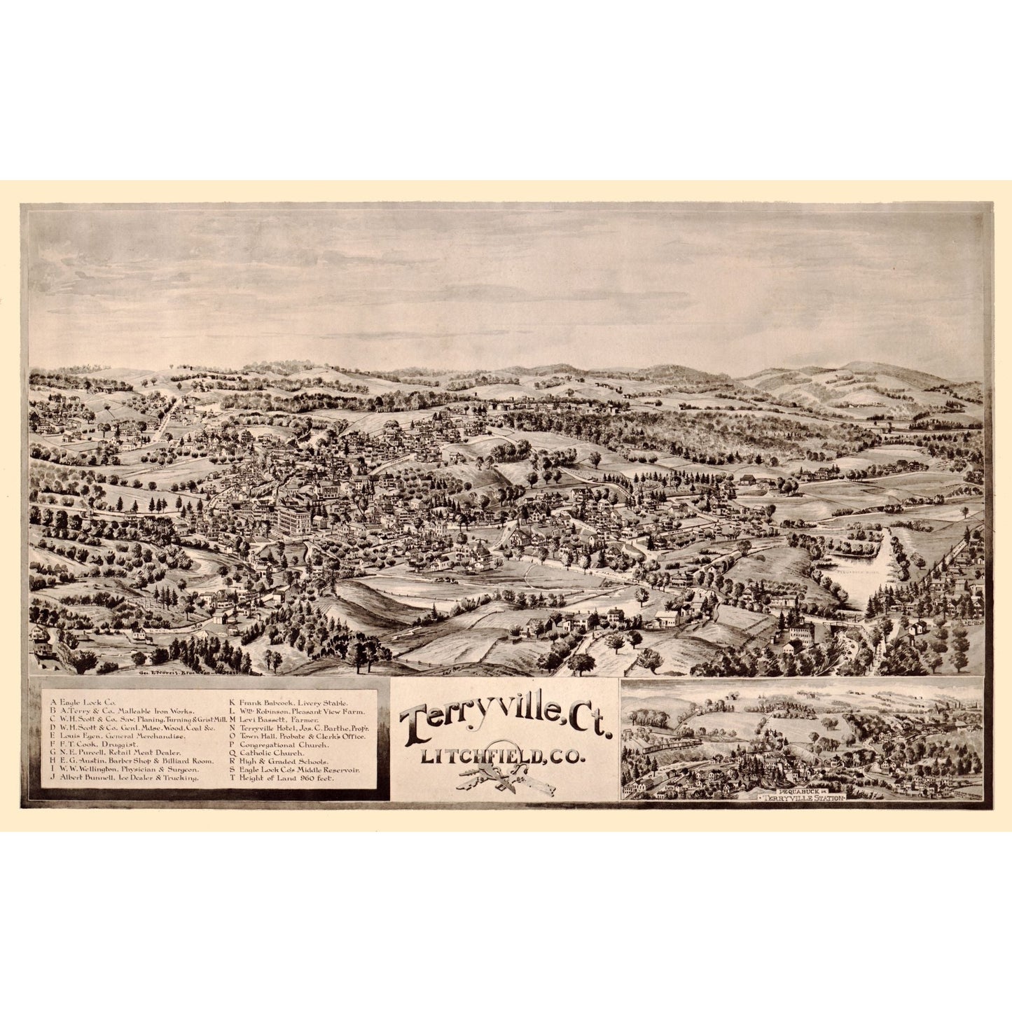 Historic Panoramic View - Terryville Connecticut - Norris 1894 - 35.72 x 23 - Vintage Wall Art