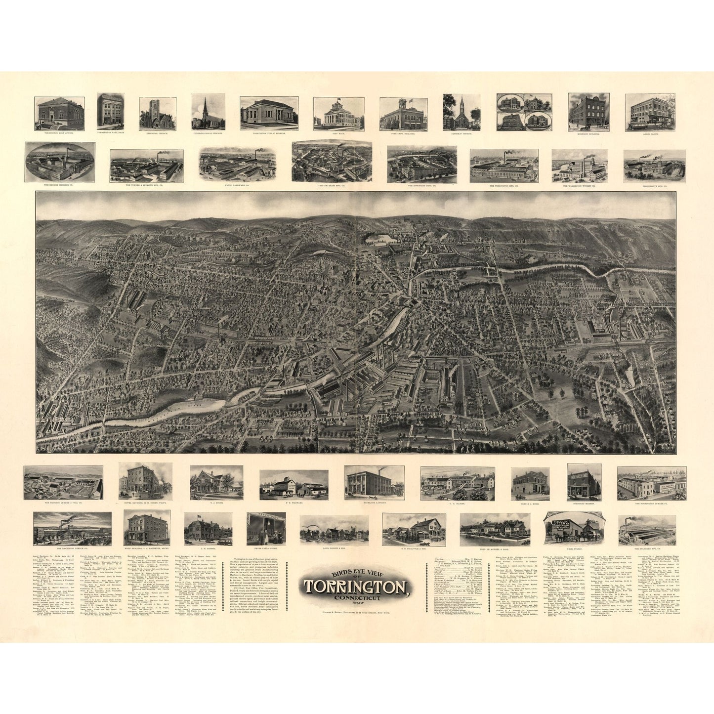Historic Panoramic View - Torrington Connecticut - Bailey 1907 - 28.73 x 23 - Vintage Wall Art