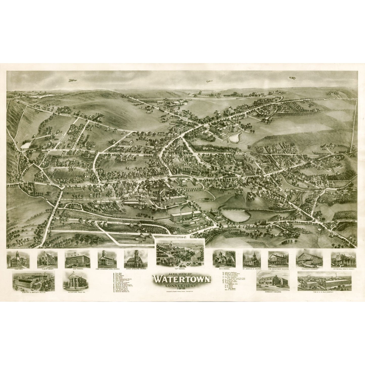 Historic Panoramic View - Watertown Connecticut - Bailey 1918 - 35.19 x 23 - Vintage Wall Art