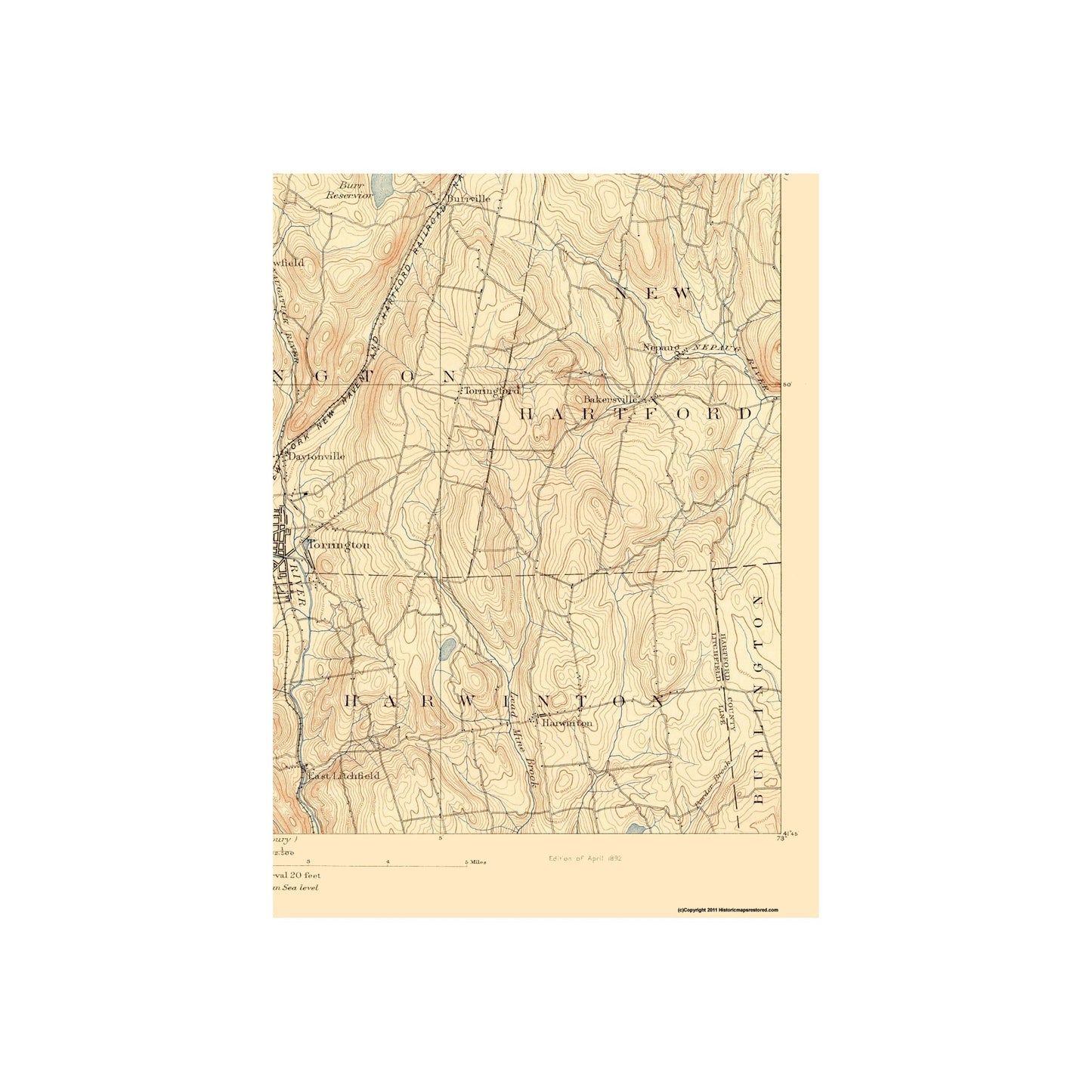 Topographical Map - Winsted Connecticut Sheet - USGS 1892 - 23 x 31.35 - Vintage Wall Art
