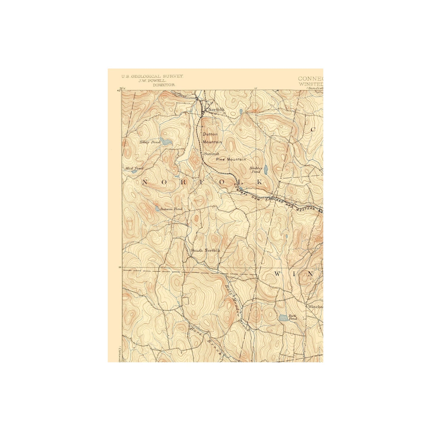 Topographical Map - Winsted Connecticut Sheet - USGS 1892 - 23 x 31.35 - Vintage Wall Art