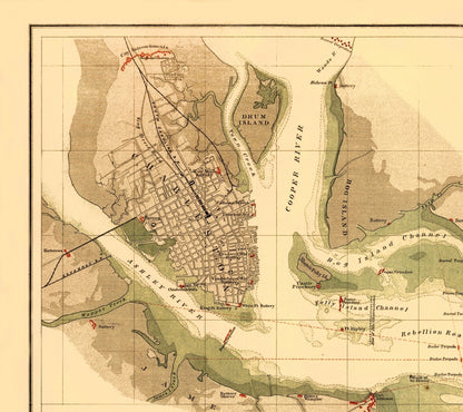 Historical Civil War Map - Charleston Harbor South Carolina - Krebs 1865 - 23 x 25 - Vintage Wall Art