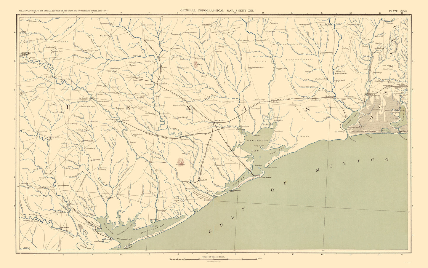 Historical Civil War Map - Texas Louisiana Gulf Coast - Bien 1895 - 23 x 36.76 - Vintage Wall Art