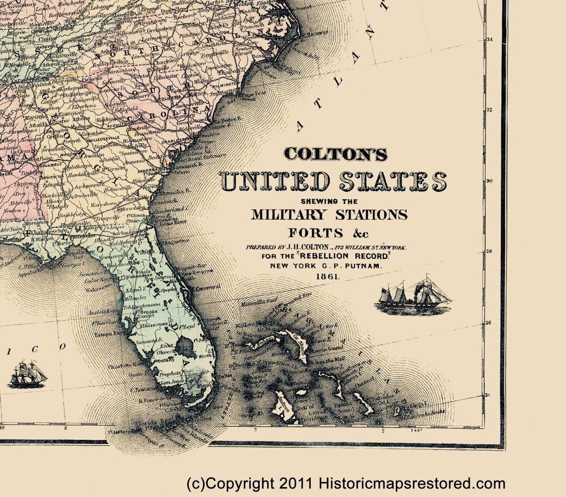 Historical Civil War Map - United States Military Stations Forts - Colton 1861 - 23 x 26.23 - Vintage Wall Art