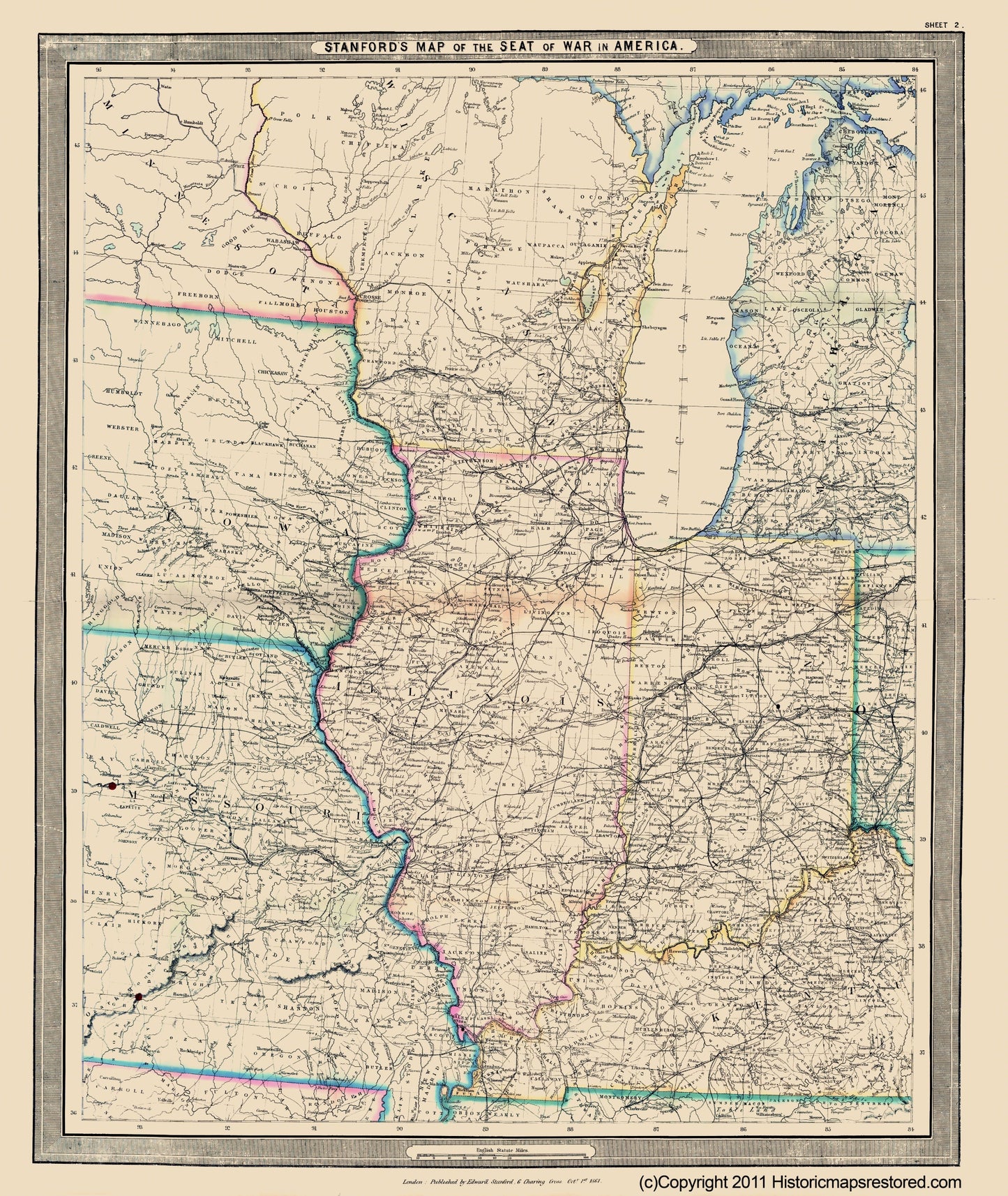 Historical Civil War Map - America Civil War Theatre - Stanford 1861 - 23 x 27.27 - Vintage Wall Art