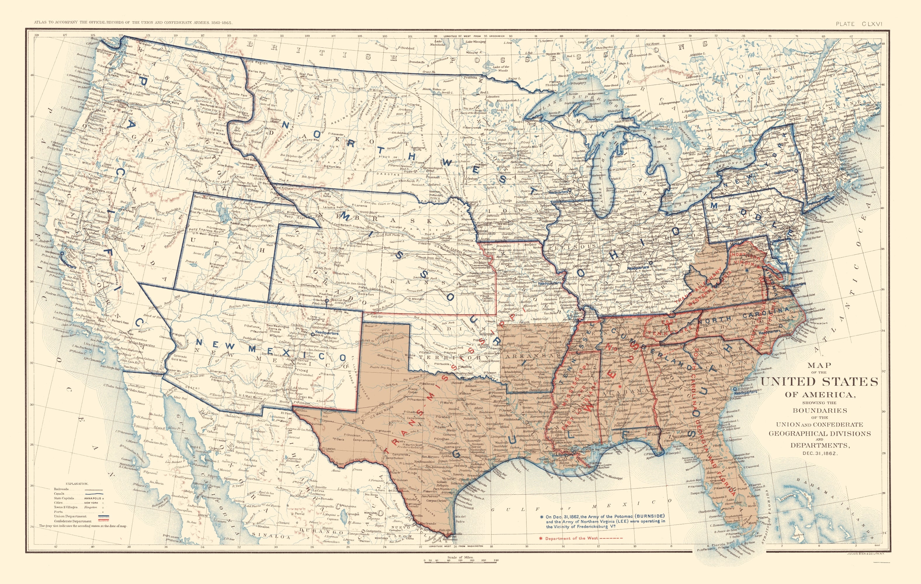 Historical Civil War Map - Geographical Divisions Departments December