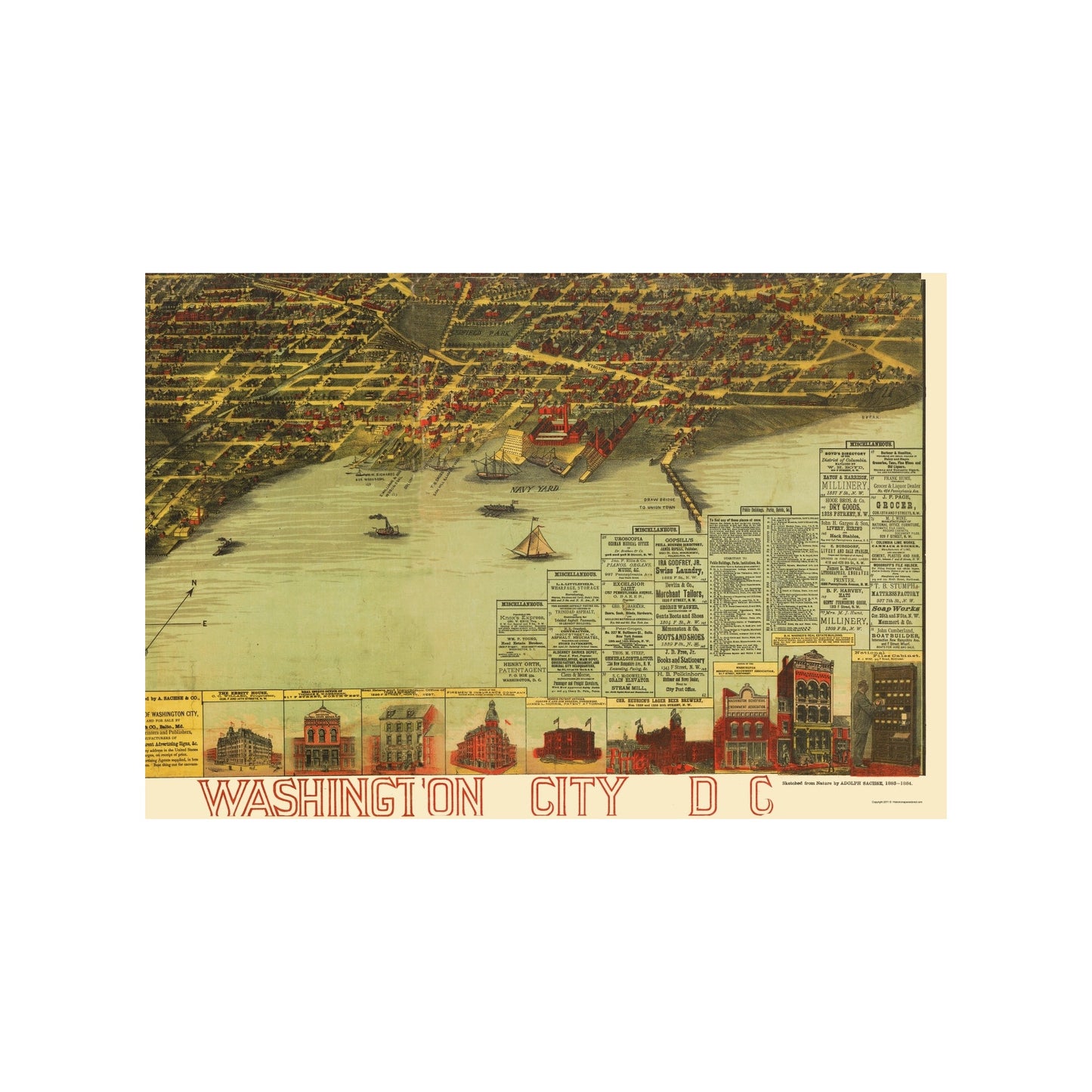 Historic Panoramic View - Washington DC - Sachese 1884 - Vintage Wall Art