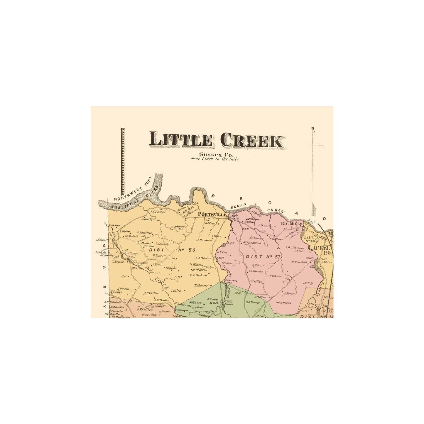 Historic City Map - Little Creek Portsville Delmar Delaware - Beers 1868 - 23x26 - Vintage Wall Art