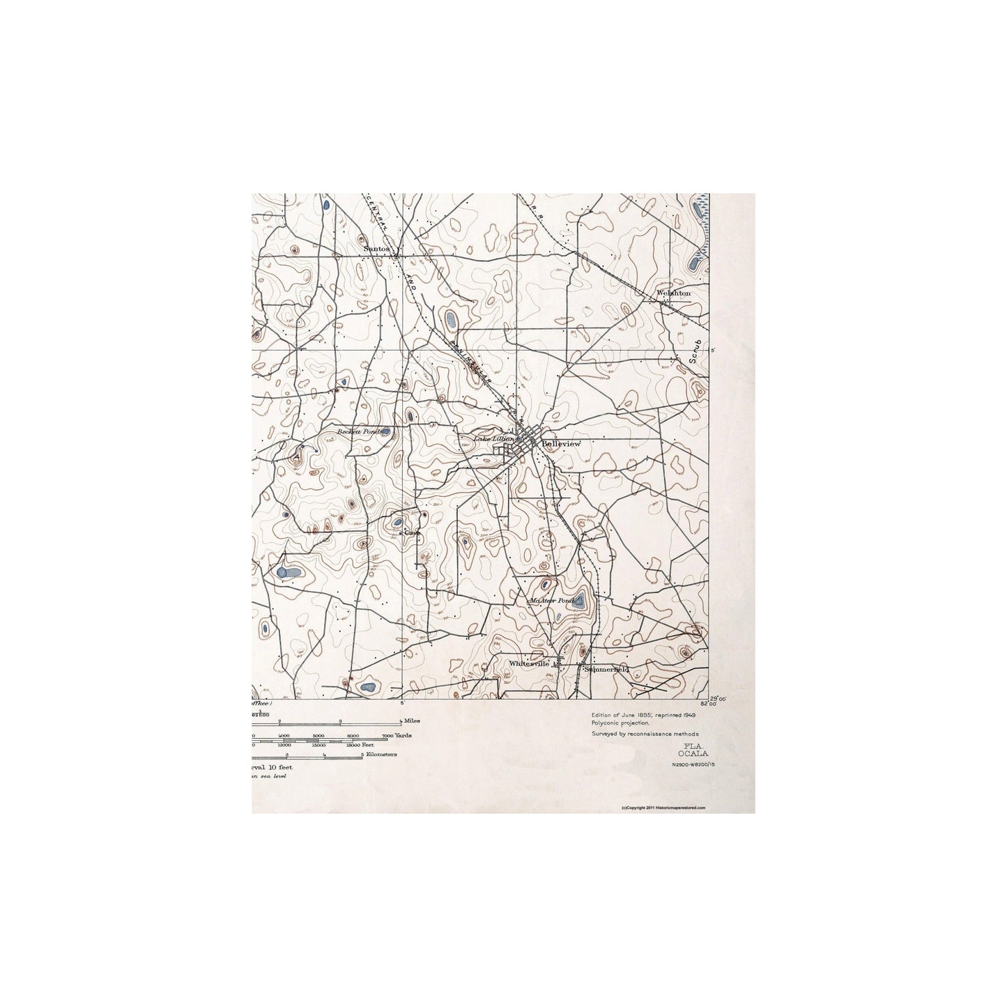 Topographical Map - Ocala Florida Quad - USGS 1895 - Vintage Wall Art
