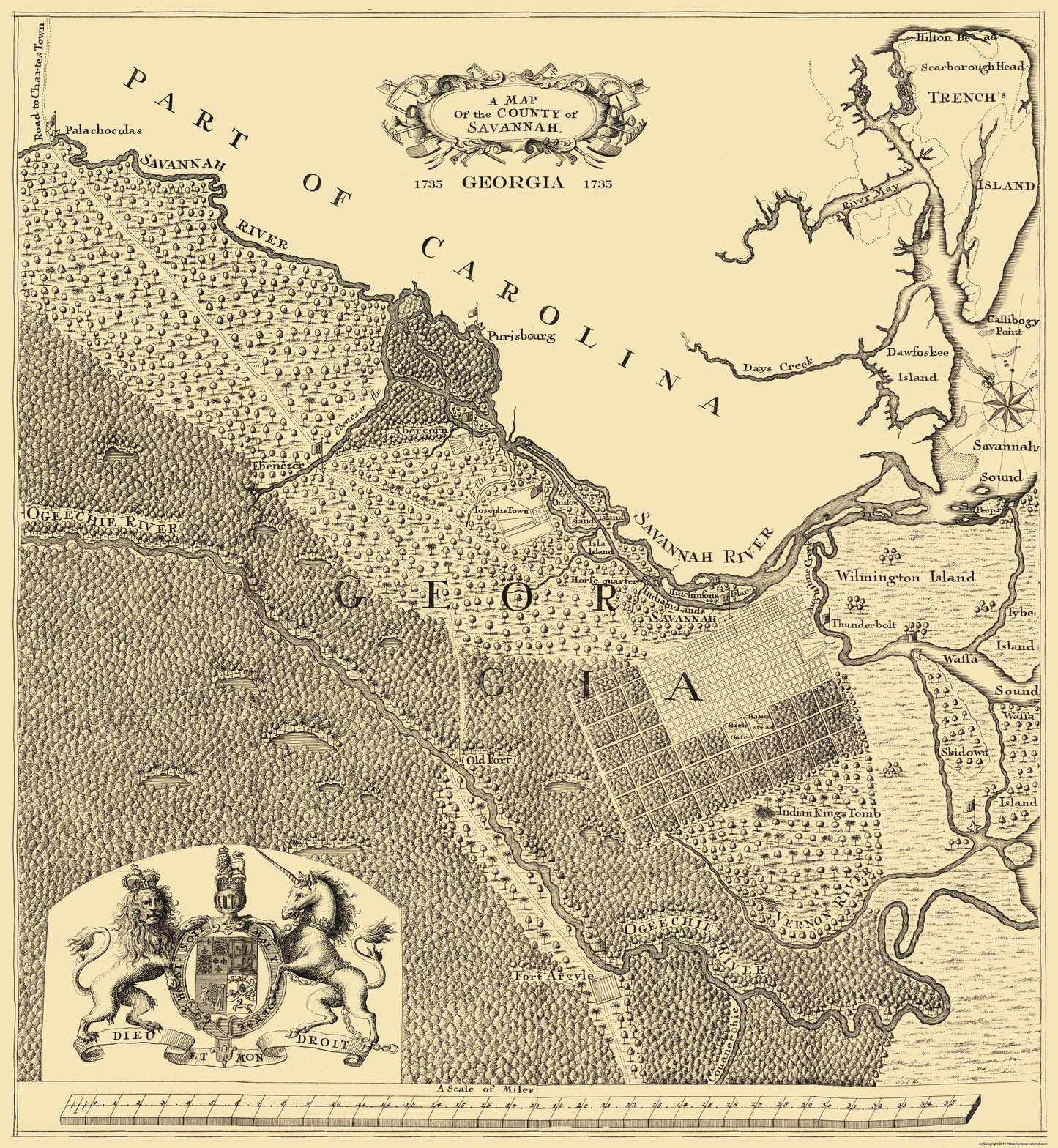 Historic County Map - Savannah County Georgia - Urlsperger 1735 - 23 x 24.94 - Vintage Wall Art