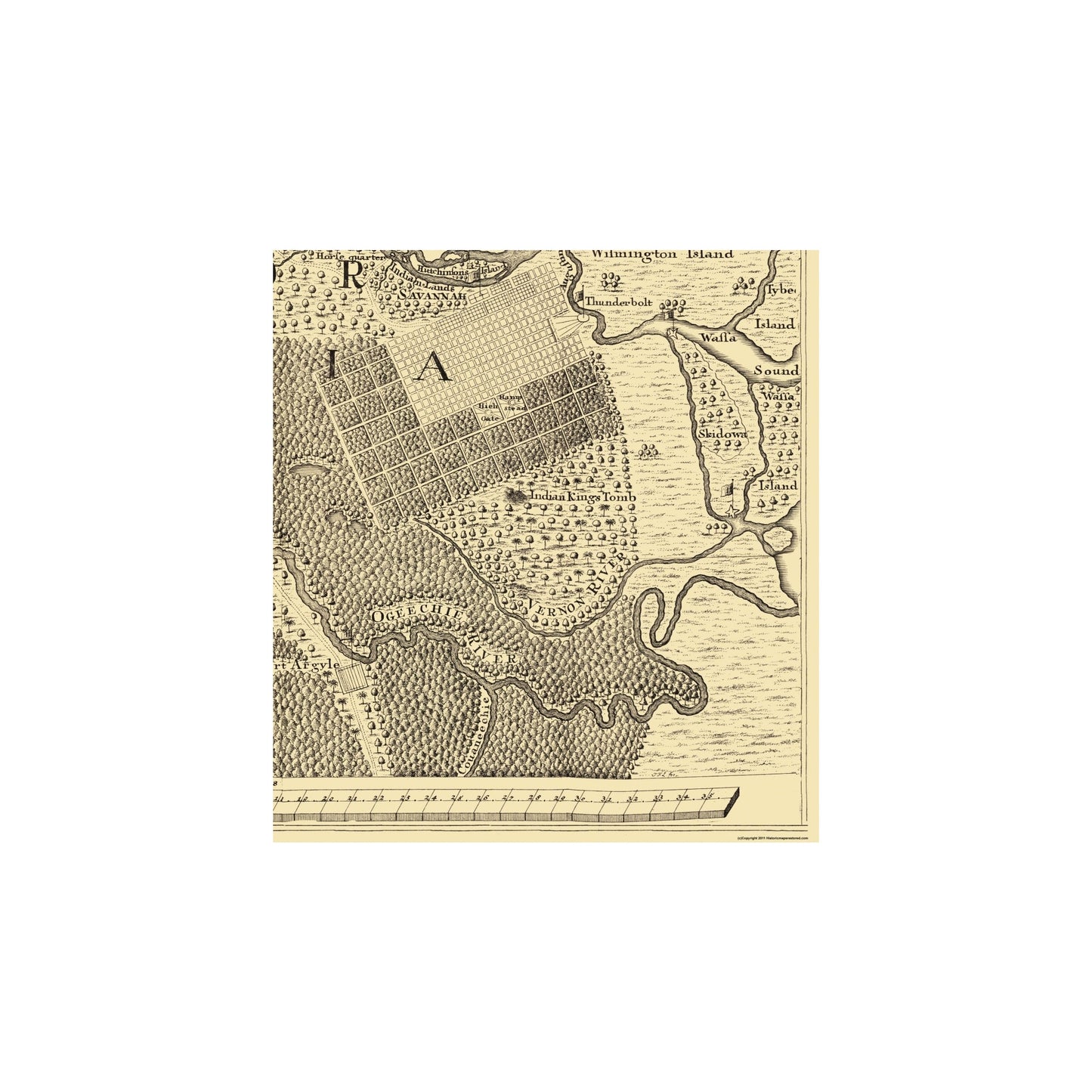 Historic County Map - Savannah County Georgia - Urlsperger 1735 - 23 x 24.94 - Vintage Wall Art