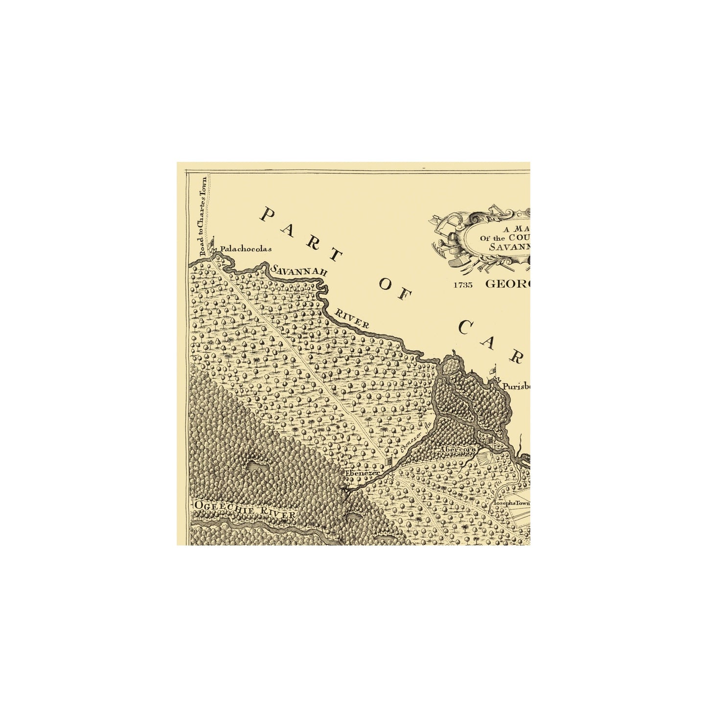 Historic County Map - Savannah County Georgia - Urlsperger 1735 - 23 x 24.94 - Vintage Wall Art