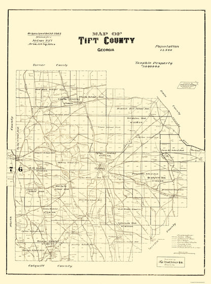 Historic County Map - Tift County Georgia - Hudgins 1905 - 23 x 30.86 - Vintage Wall Art