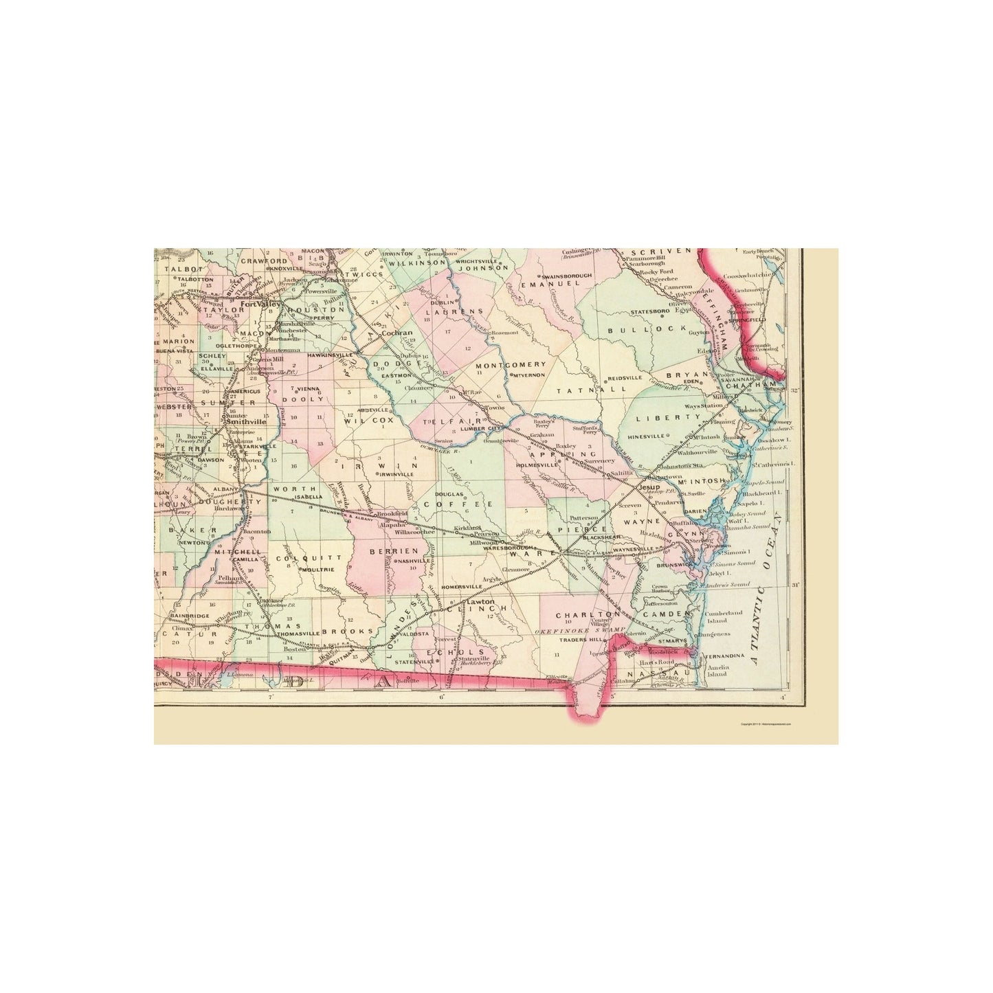 Historic State Map - Georgia Alabama - Asher 1874 - Vintage Wall Art