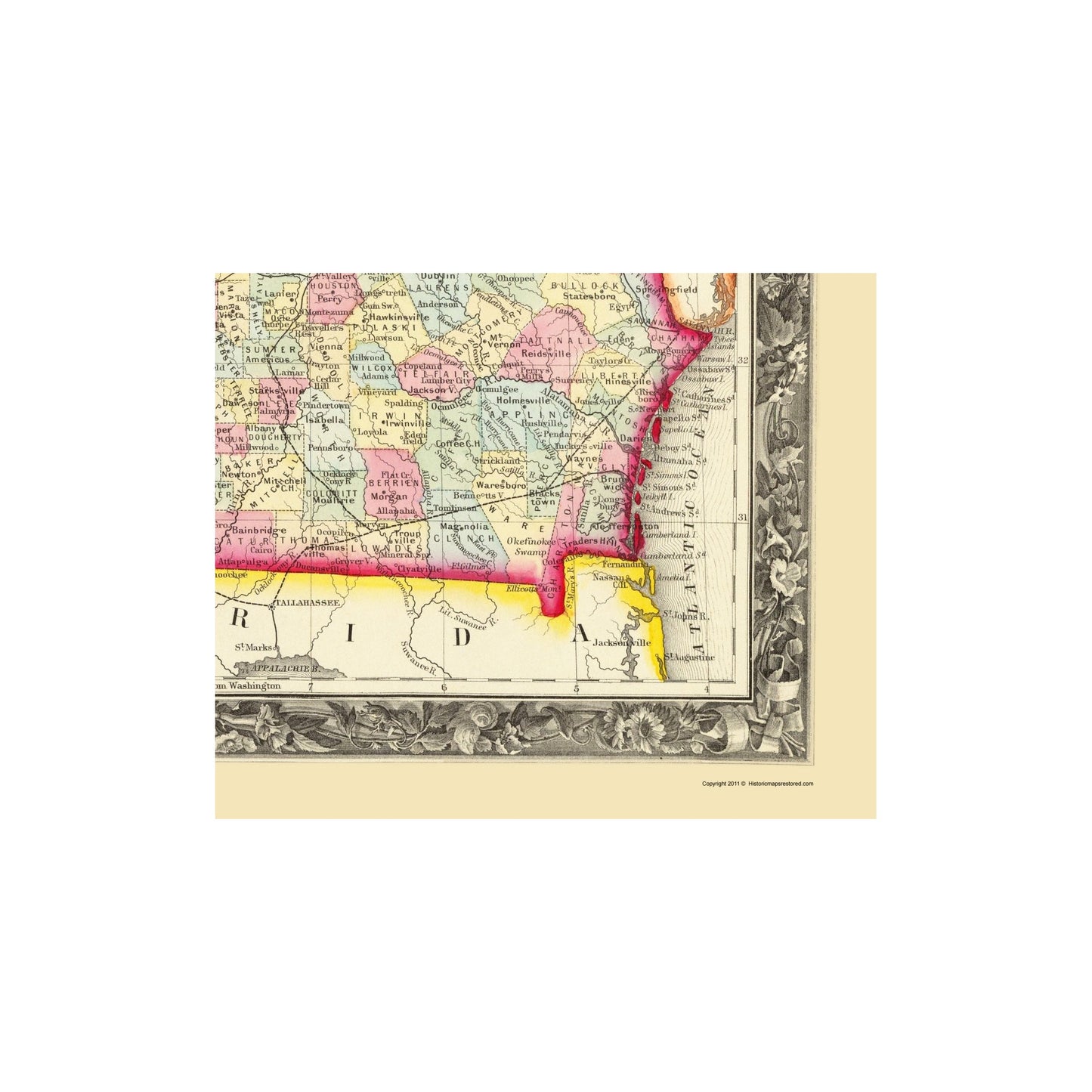 Historic State Map - Georgia Alabama - Mitchell 1860 - Vintage Wall Art