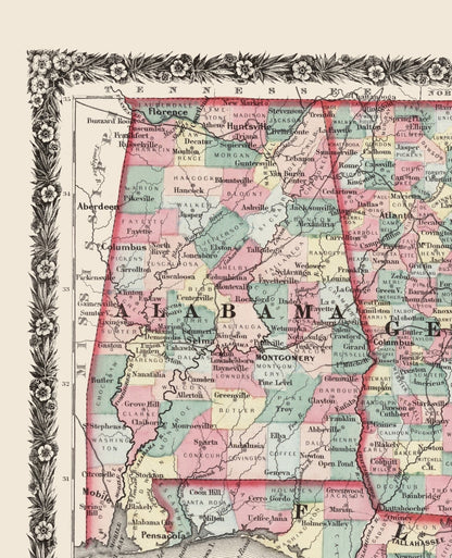 Historic State Map - Georgia Alabama Florida - Colton 1858 - 23 x 28.34 - Vintage Wall Art