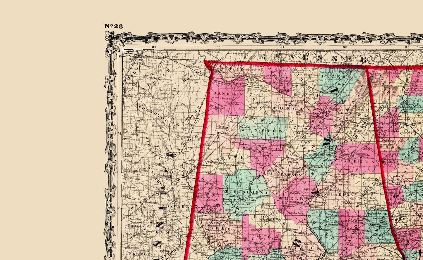 Historic State Map - Georgia Alabama - Johnson 1860 - 23 x 37.34 - Vintage Wall Art
