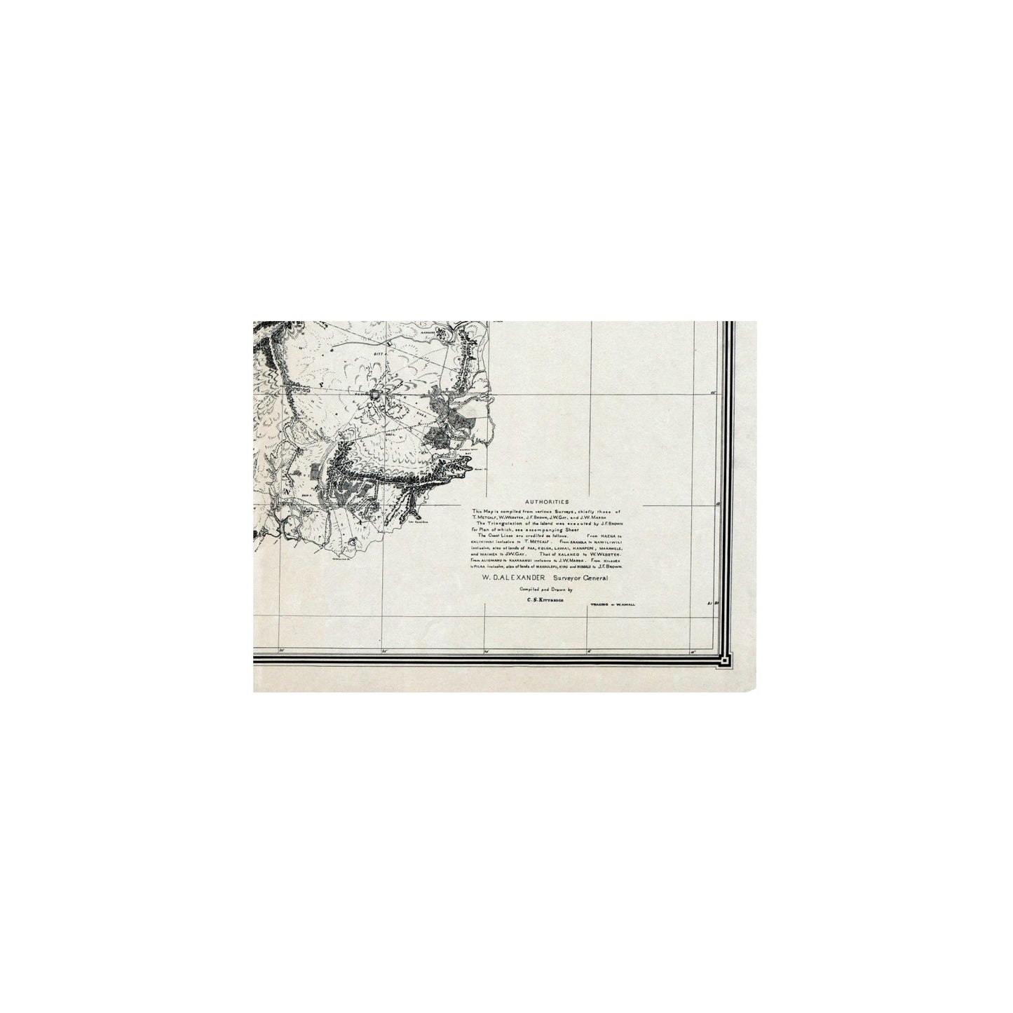 Historic County Map - Kauai County Hawaii - Alexander 1878 - 31.35 x 23 - Vintage Wall Art