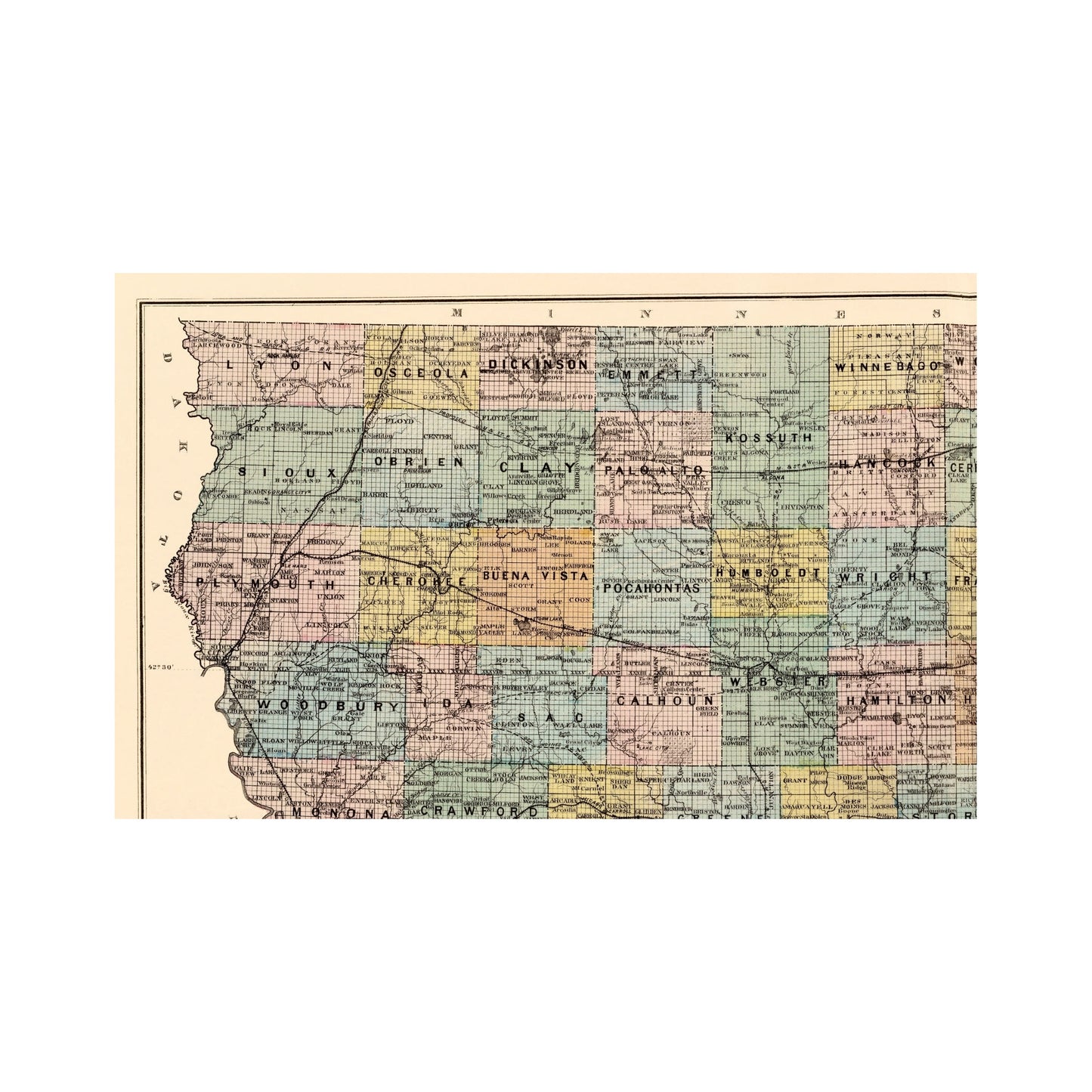 Historic State Map - Iowa - Andreas 1875 - 23 x 36.33 - Vintage Wall Art