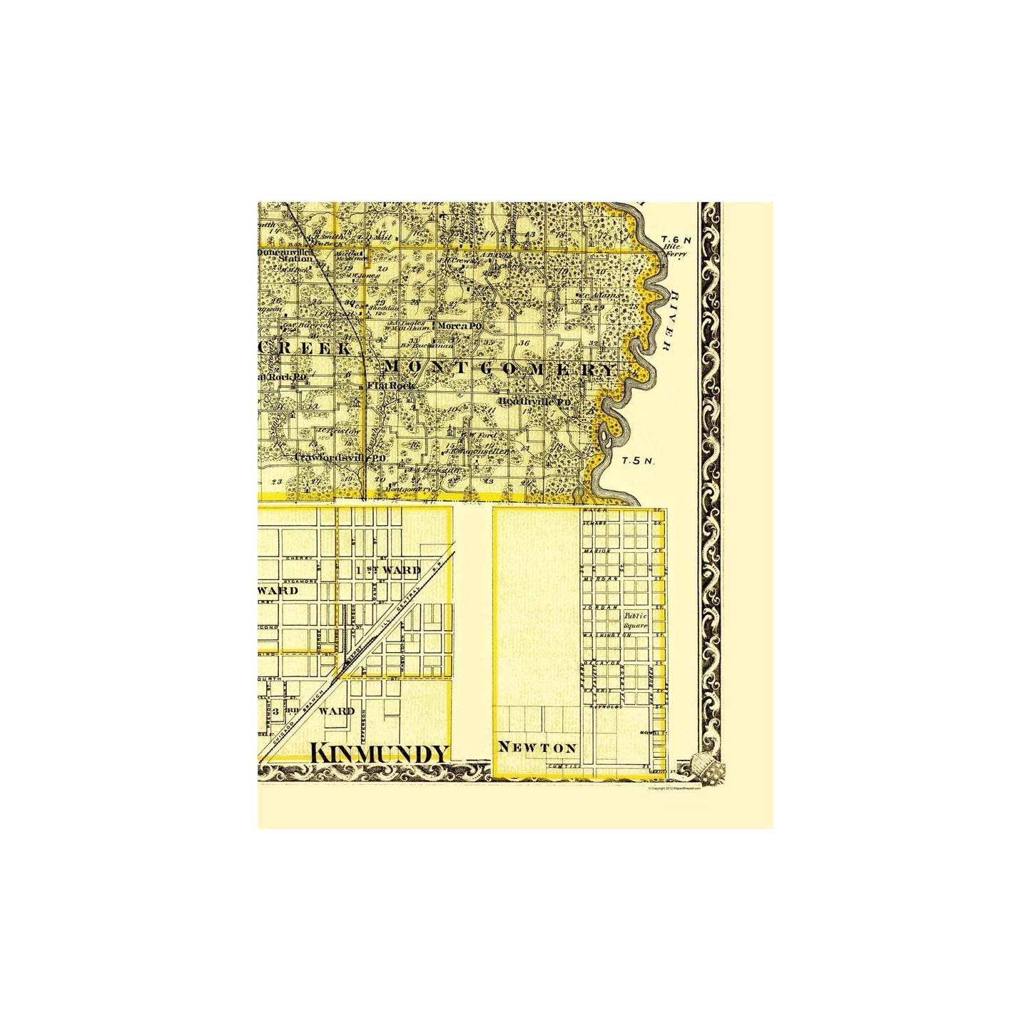 Historic County Map - Crawford County Illinois - Warner 1870 - Vintage Wall Art