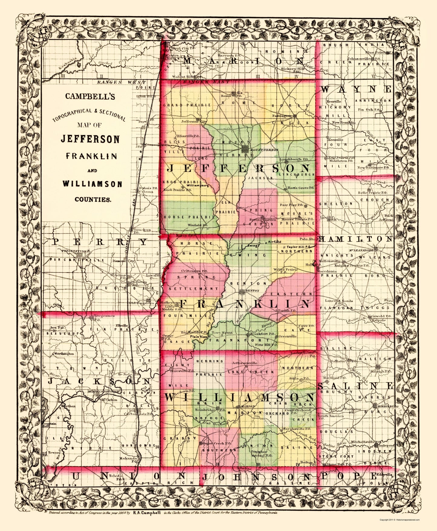 Historic County Map - Jefferson Franklin Williamson Counties Illinois - Campbell 1870 - 23 x 27.93 - Vintage Wall Art