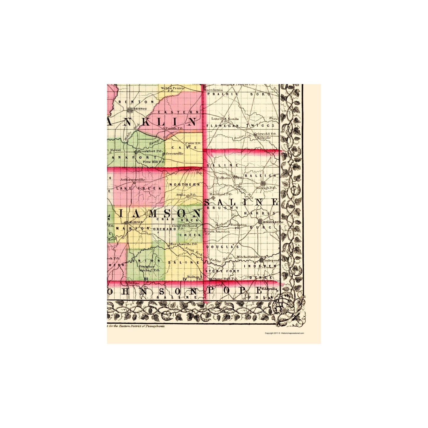Historic County Map - Jefferson Franklin Williamson Counties Illinois - Campbell 1870 - 23 x 27.93 - Vintage Wall Art