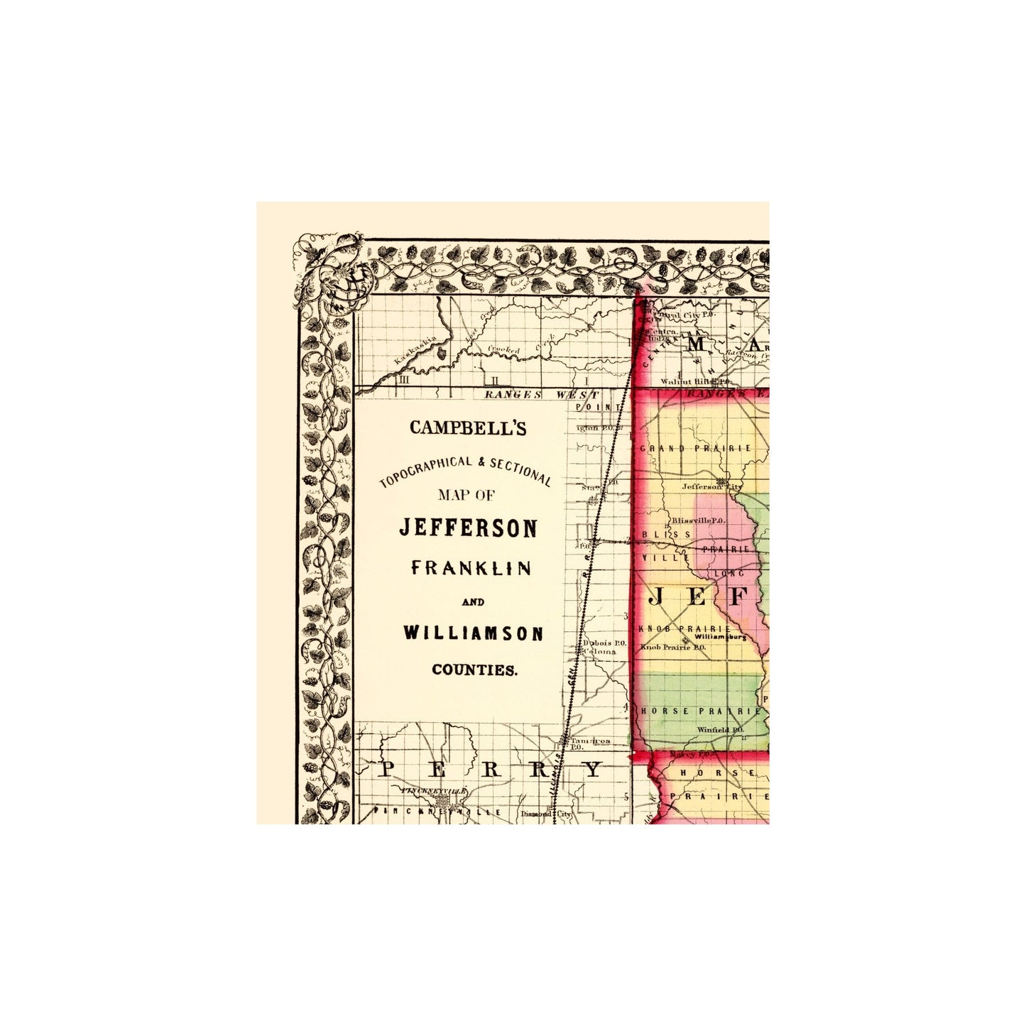 Historic County Map - Jefferson Franklin Williamson Counties Illinois - Campbell 1870 - 23 x 27.93 - Vintage Wall Art