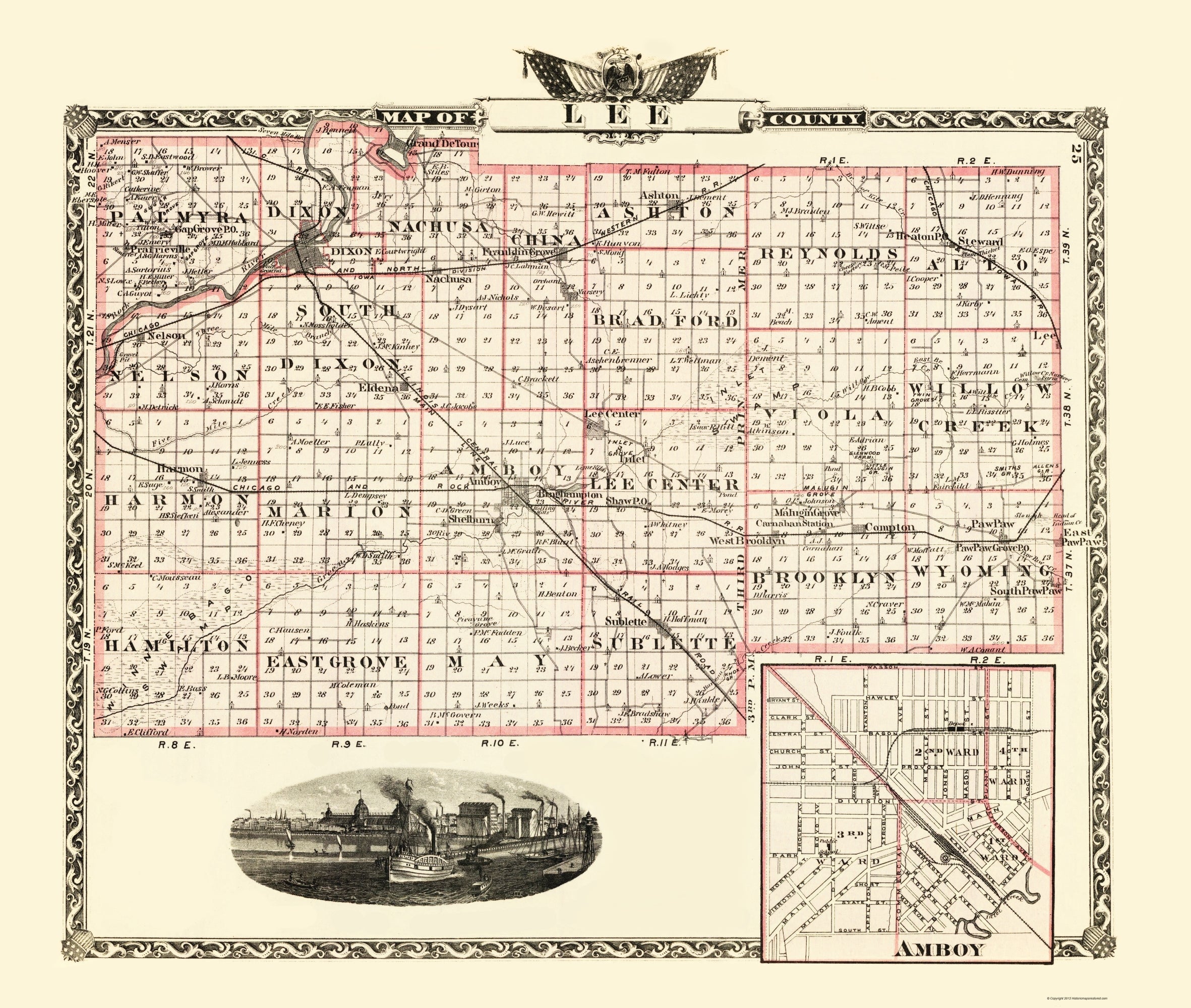 Historic County Map Lee County Illinois Warner 1870 Vintage Wall
