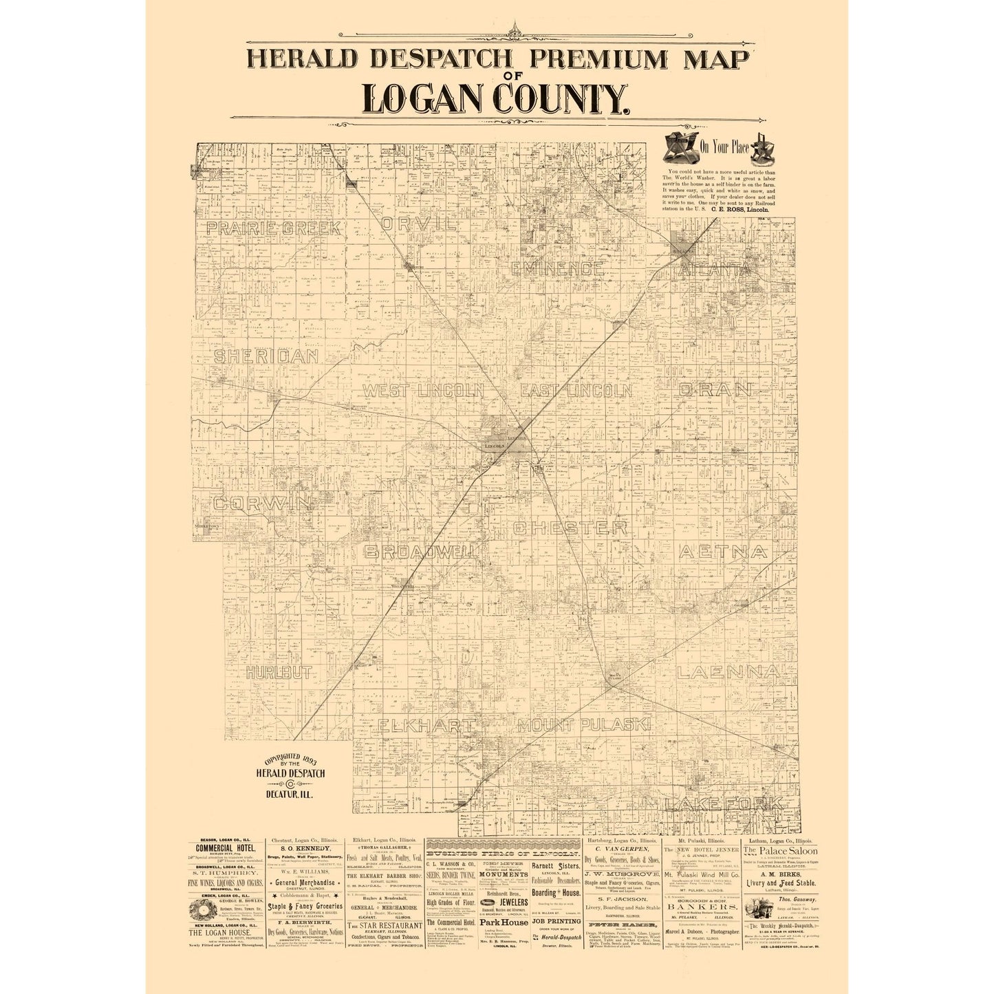 Historic County Map - Logan County Illinois - Herald Despatch 1861 - 23 x 32.52 - Vintage Wall Art
