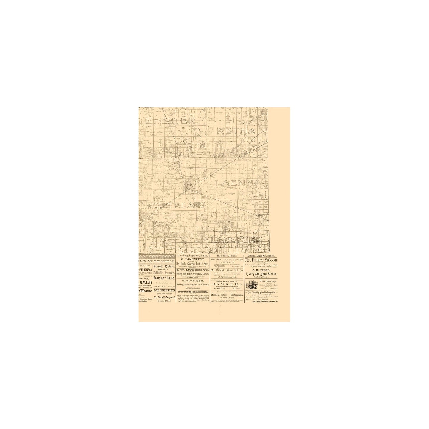 Historic County Map - Logan County Illinois - Herald Despatch 1861 - 23 x 32.52 - Vintage Wall Art