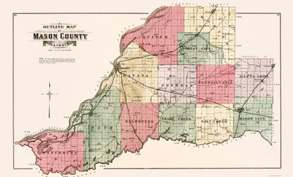 Historic County Map - Mason County Illinois - Ogle 1891 - 23 x 38.06 - Vintage Wall Art