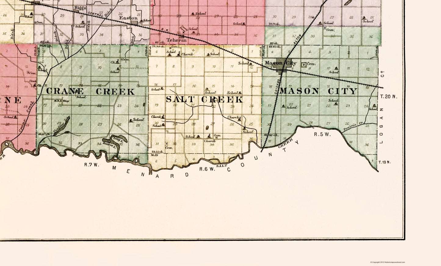 Historic County Map - Mason County Illinois - Ogle 1891 - 23 x 38.06 - Vintage Wall Art